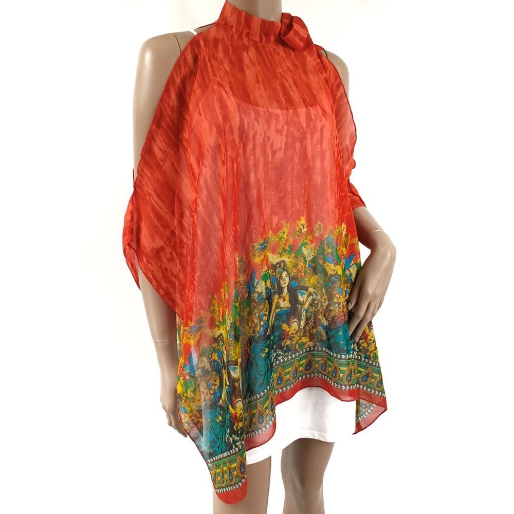 METROSTYLE Coverup Tie Neck Cold Shoulder Boho Print Chiffon Poncho 1 Size - Picture 2 of 5